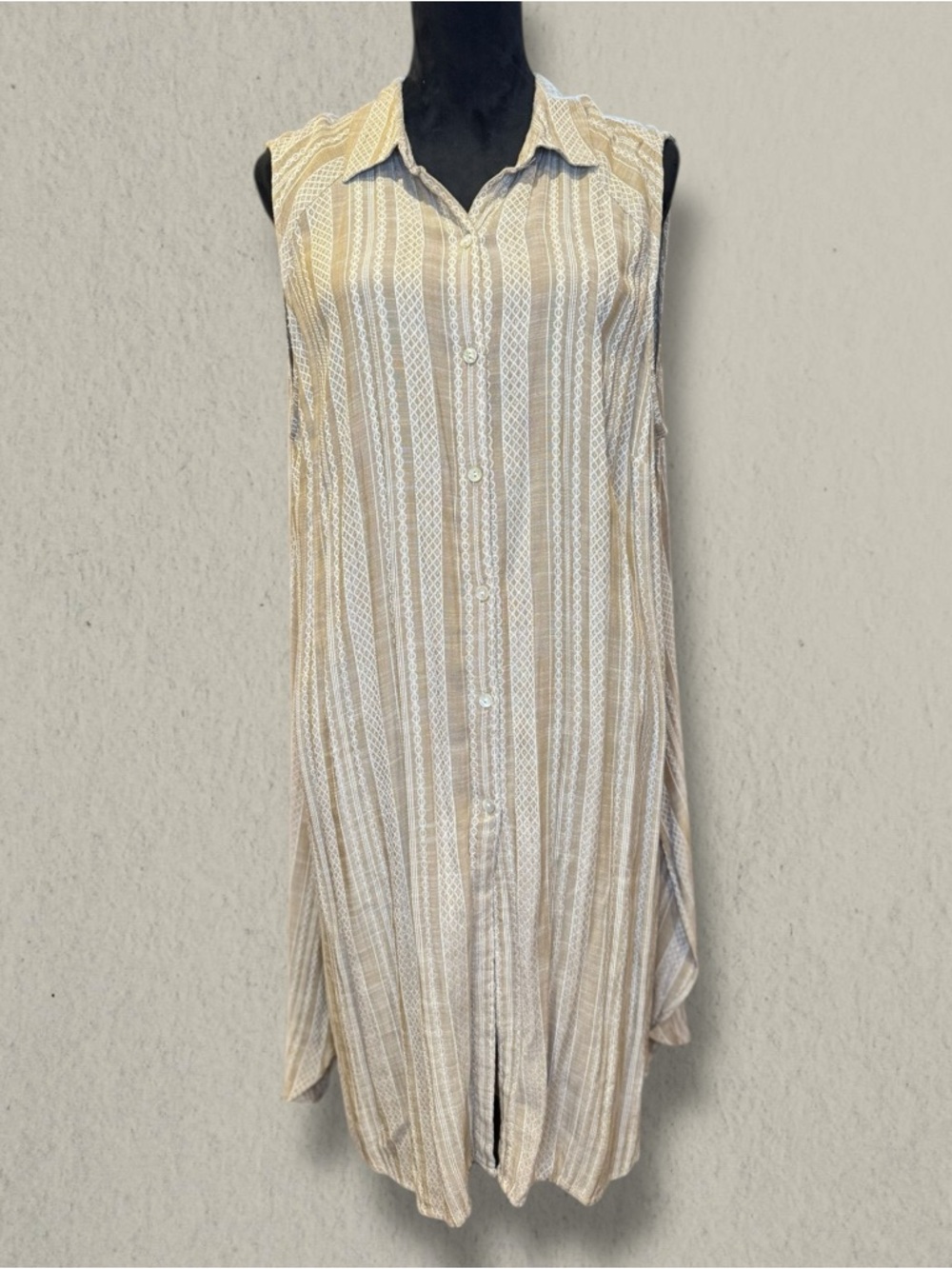 J. Jill XL Sleeveless Button Front Tunic Dress Beige Striped Flowy NWT